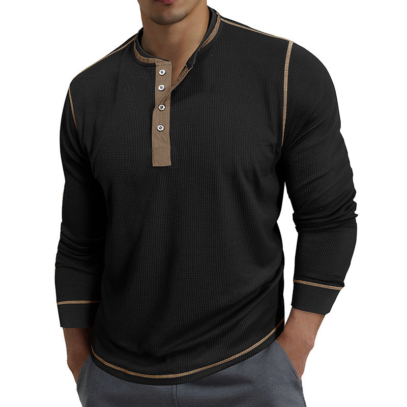 Men's round-neck color-block long-sleeved polo shirt
