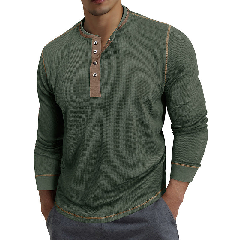 Men's round-neck color-block long-sleeved polo shirt