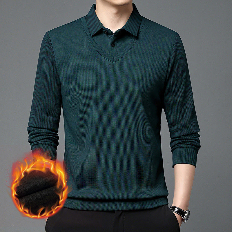 Men's polo shirt with fleece lining and thickened fabric, long sleeves.
