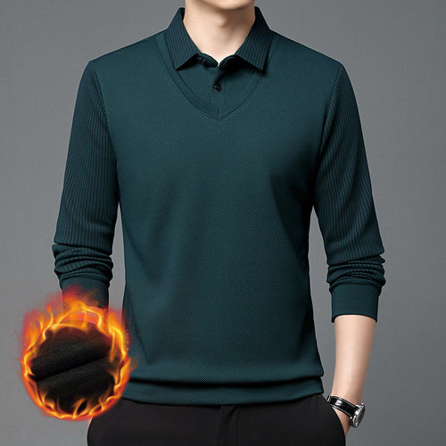 Men's polo shirt with fleece lining and thickened fabric, long sleeves.