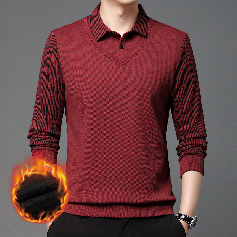 Men's polo shirt with fleece lining and thickened fabric, long sleeves.