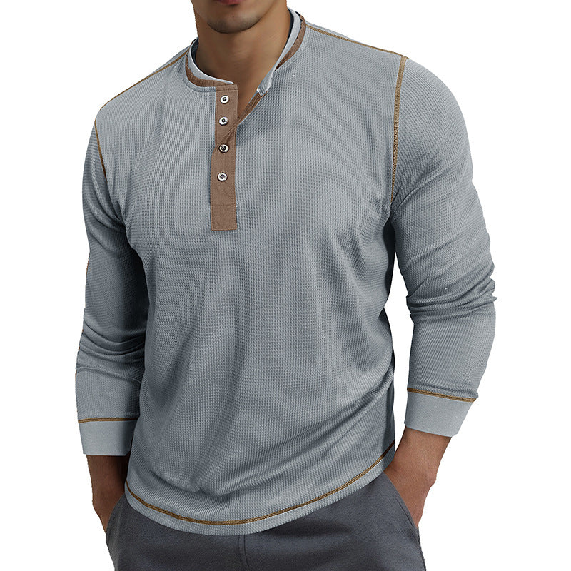 Men's round-neck color-block long-sleeved polo shirt