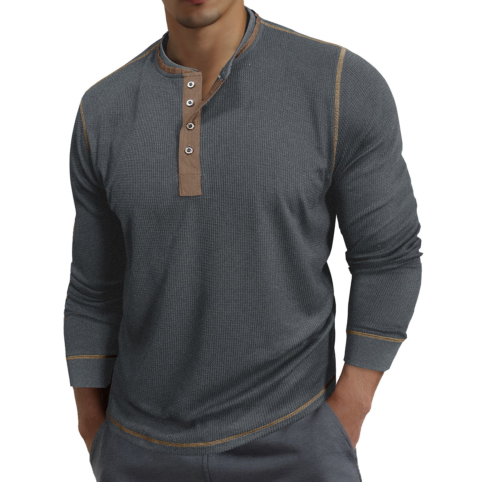Men's round-neck color-block long-sleeved polo shirt