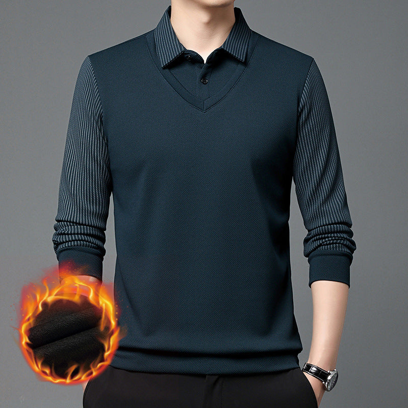 Men's polo shirt with fleece lining and thickened fabric, long sleeves.
