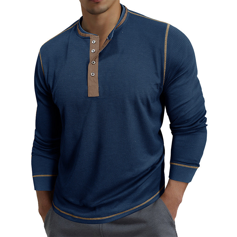 Men's round-neck color-block long-sleeved polo shirt