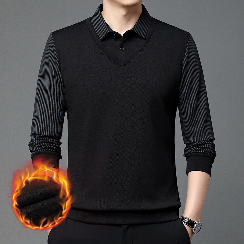 Men's polo shirt with fleece lining and thickened fabric, long sleeves.