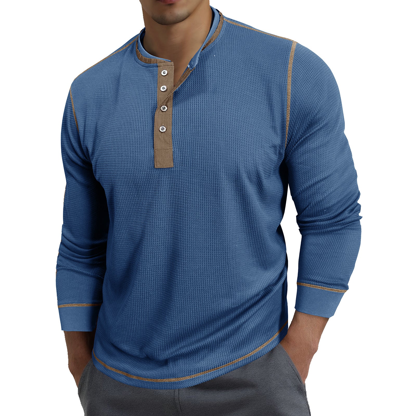 Men's round-neck color-block long-sleeved polo shirt